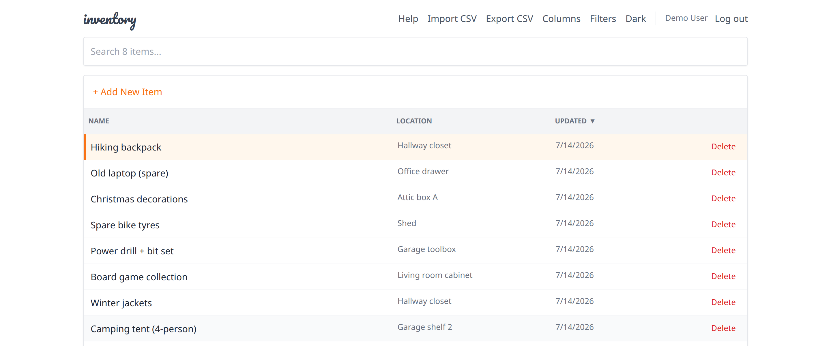 Inventory app showing a list of tracked items with their locations