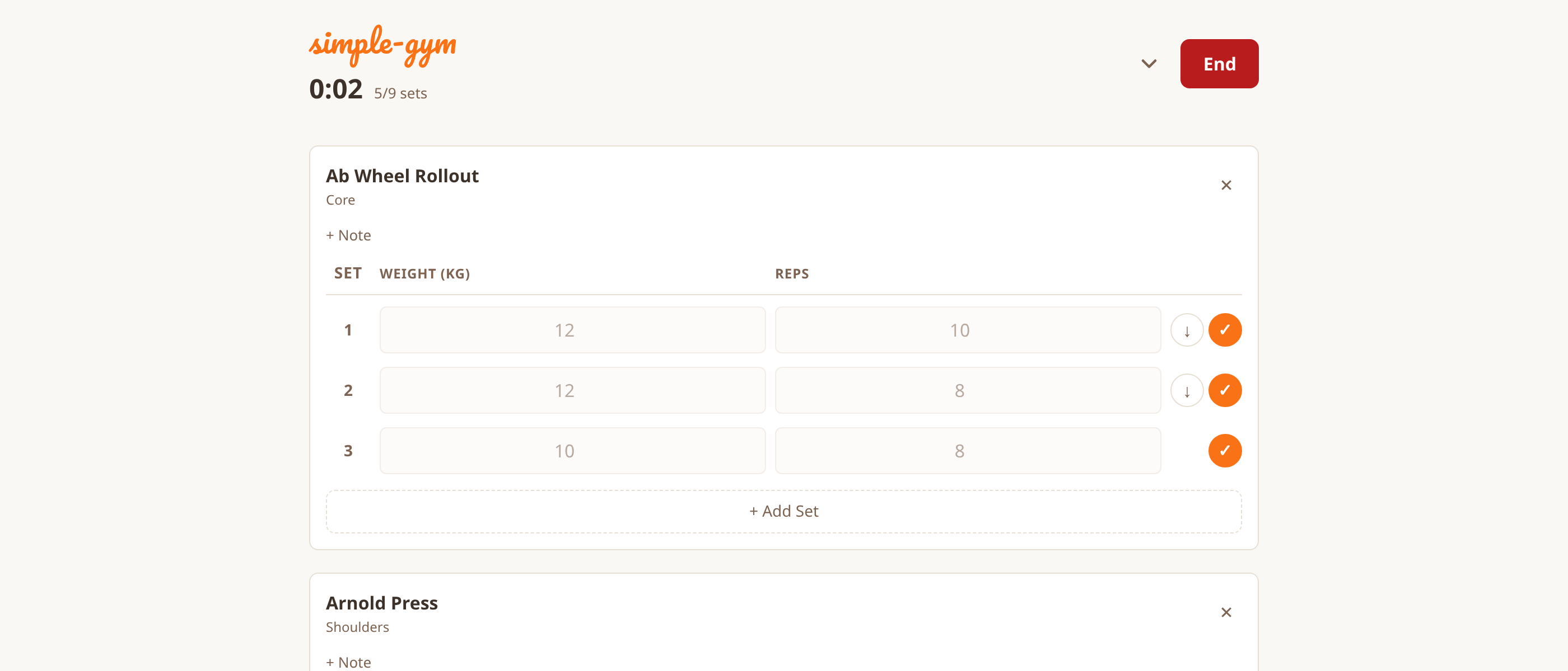 simple-gym app showing a live workout checklist with sets, weight, and reps